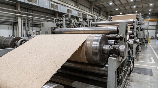 Recycled paper sheet moving through industrial rollers in paper manufacturing plant