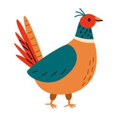 Fototapeta premium Cute pheasant bird isolated on white background. Flat vector illustration of a colorful woodland bird with bright plumage, decorative tail feathers and a simple cartoon style. Vector illustration