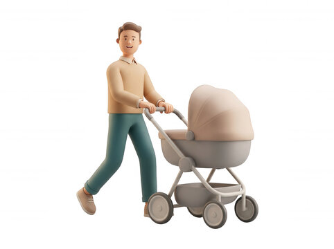 Man in blue pants pushing baby stroller isolated on a transparent background male