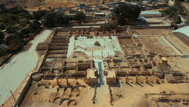 Aerial view of Hisham's Palace, an ancient Umayyad archaeological site featuring stone ruins, columns, and a central courtyard in Jericho, West Bank, Palestine.
