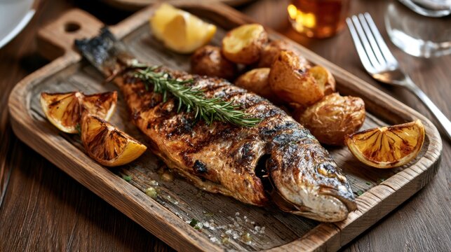 Grilled whole fish with crispy roasted potato and charred lemon wedges, garnished with rosemary on rustic wooden board, served with sauce