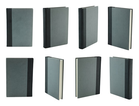Set of blank gray books shown from different angles, isolated on transparent background. Minimal book mockup collection for publishing, education, design, branding and editorial projects