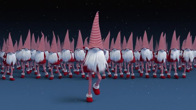 Festive holiday season 3D loop character animation of Santa elves army dancing in snowfall winter celebration background.