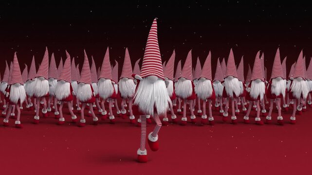 Festive holiday season 3D loop character animation of Santa elves army dancing in snowfall winter celebration background.