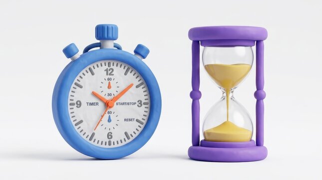 3D Render of a Blue Clay Stopwatch and Purple Hourglass Representing Time Management and Deadlines on White Background