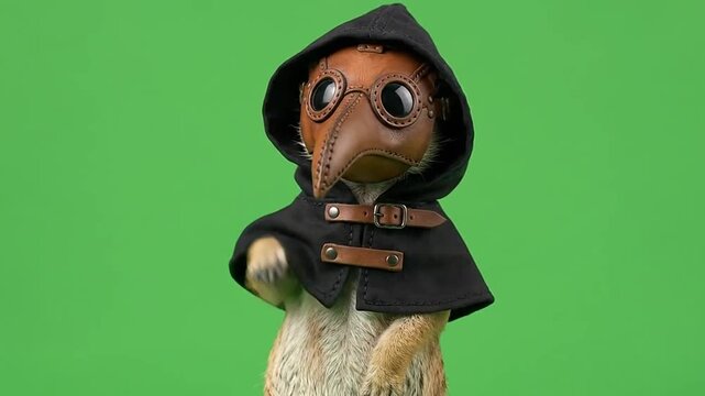 Meerkat wearing a plague doctor mask and black hood on green background