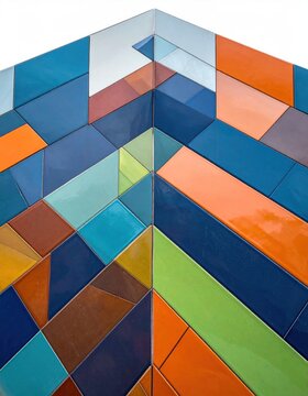Colorful geometric glass panels on modern building facade.