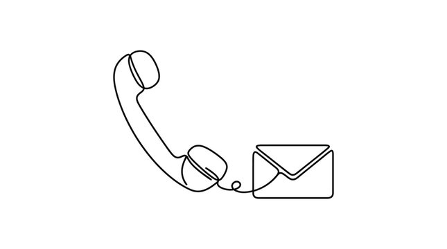 Continuous line drawing of a telephone handset connected to an envelope icon, representing communication and contact methods