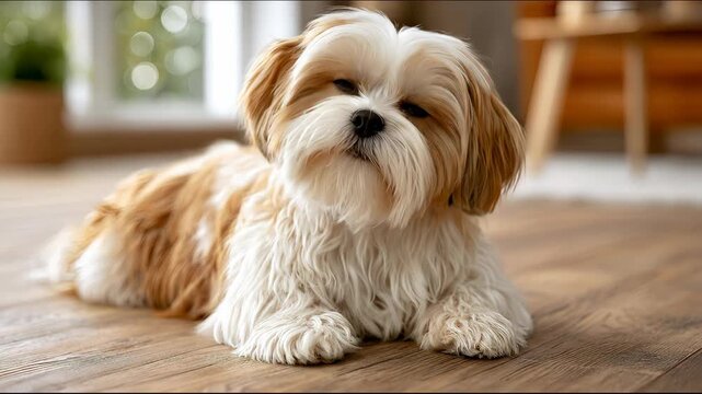 Cute Cute Dog Lying down on Wooden Floor Indoors Cozy Home Environment