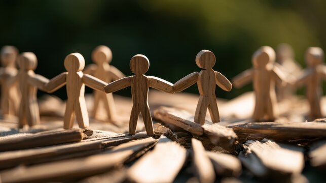Wooden human figure holding hands in a circle representing community support connection unity teamwork and social bond on wooden surface outdoors