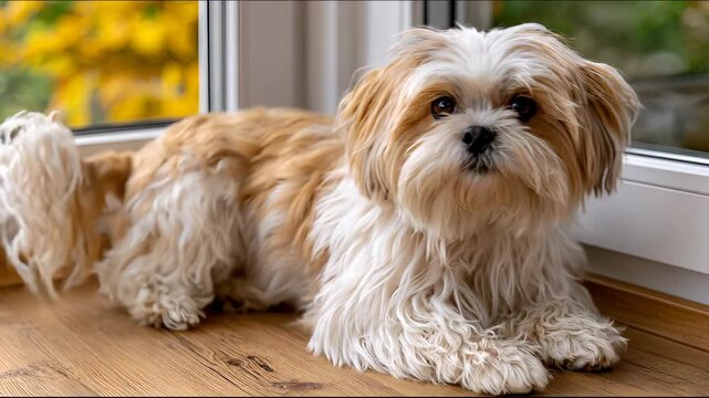 Cute Cute Dog Lying down on Wooden Floor Indoors Cozy Home Environment