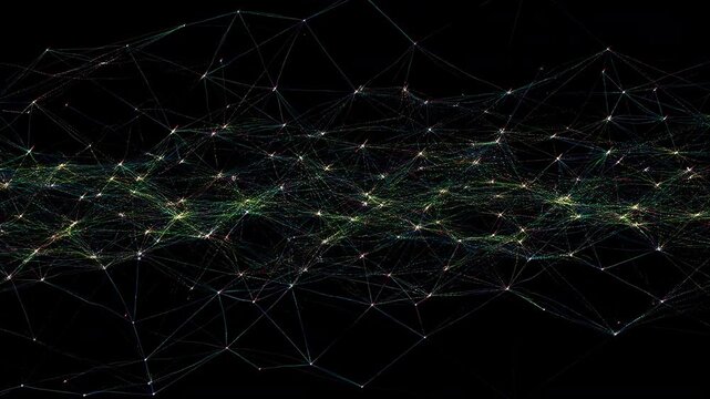 Panoramic neon network of glowing nodes and interconnecting filaments across dark field, forming layered abstract mesh with vivid cyan, magenta, blue, green, and yellow light