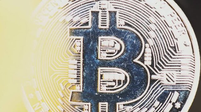 Extreme Macro Close Up of Silver Bitcoin Currency