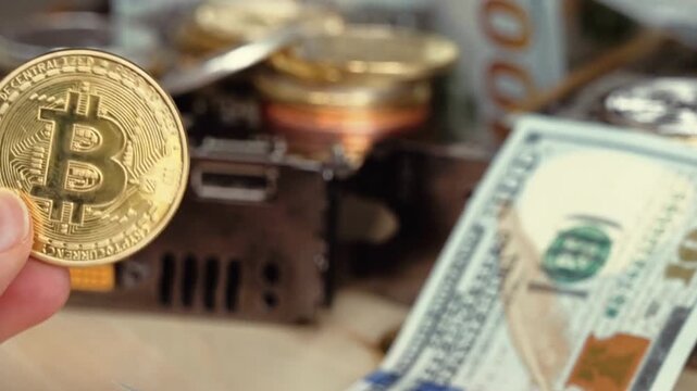 Digital Currency Mining Concept With Bitcoin and Computer Hardware