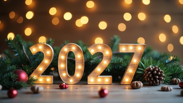 Wooden numbers 2027 with glowing light bulbs standing on rustic table surrounded by pine branches, cones and golden bokeh lights, cozy new year decoration concept