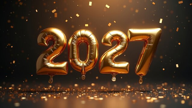 Golden foil balloon numbers 2027 floating against dark elegant background with falling confetti and warm light reflections, luxury new year party concept