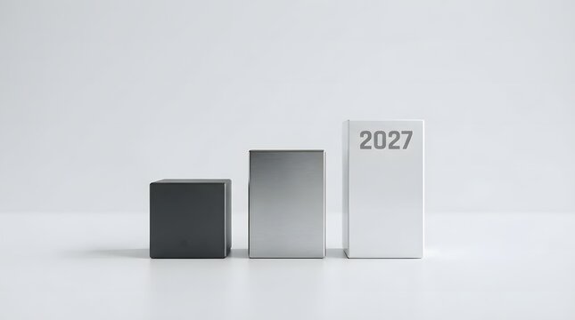 A minimalist conceptual image featuring three ascending rectangular blocks representing progression, with the tallest white block prominently displaying the year 2027 against a neutral background.