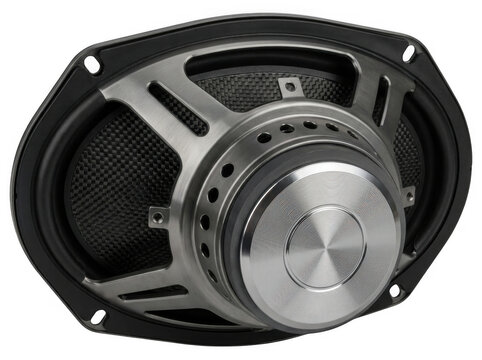 Black car audio speaker with silver grille isolated on a transparent background
