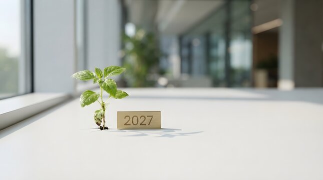 A small green seedling grows through a clean white office desk surface next to a gold block with the year 2027 engraved, symbolizing future growth.