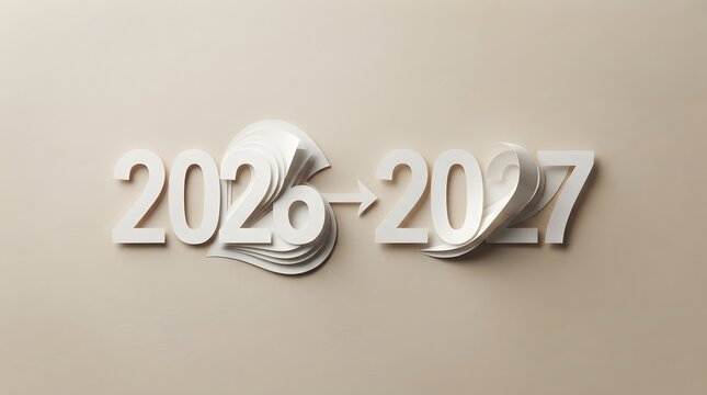 A creative paper craft art piece featuring the transition from the year 2026 to 2027 with elegant white layered numbers on a soft beige background