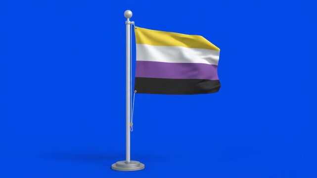Non-binary pride flag waving on a flagpole against a blue background, representing gender identity and diversity.