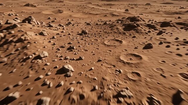 Mars landscape showcasing rocky terrain and craters, transitioning from a distant view of the planet to a close-up of its surface features and geological formations