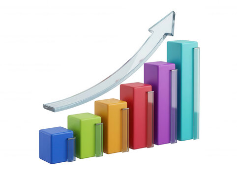 Colorful 3 D bar chart ascending with white staircase isolated... isolated on a transparent background