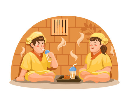 Korean Sauna Couple with Sikhye and Boiled Eggs Traditional Jjimjilbang Vector Illustration