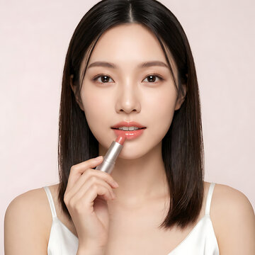 Close-up portrait of a young woman with flawless skin holding a lip balm in a soft minimal setting