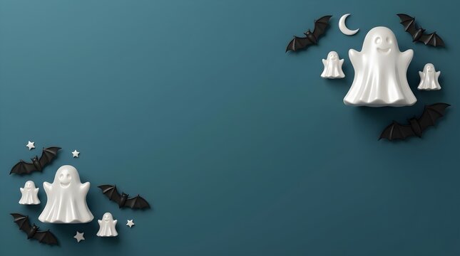 Ghost figures and bats on a dark night sky background