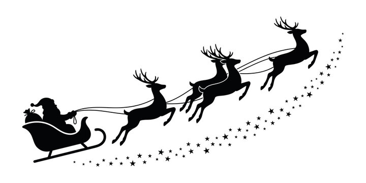 Santa Flying in Sleigh with Reindeer and Magic Star Trail Silhouette