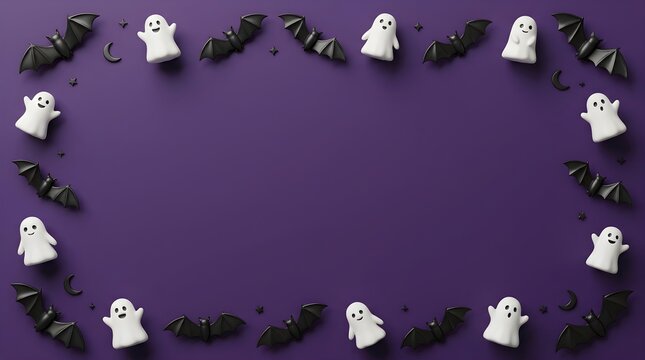 Cute ghost and bat Halloween decoration on purple background