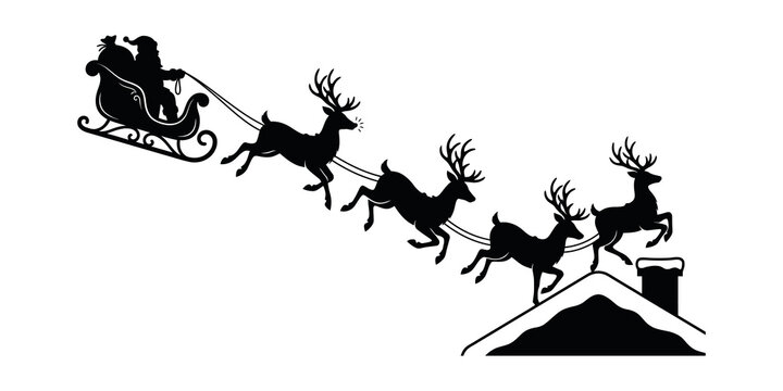 Santa Claus Sleigh Flying over Roofs and Chimney Silhouette