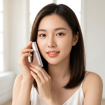 young woman with dark hair and a friendly expression speaking on a cordless phone indoors