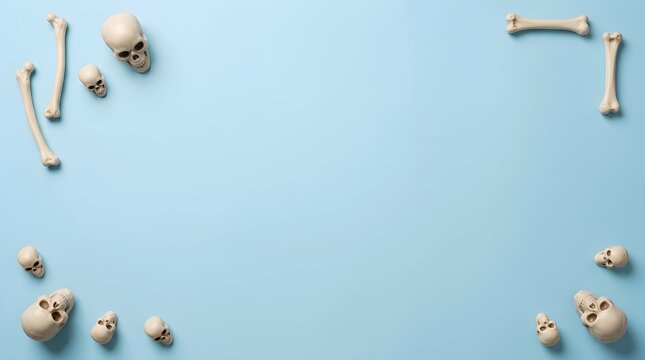 Miniature human skeleton bones on a light blue background