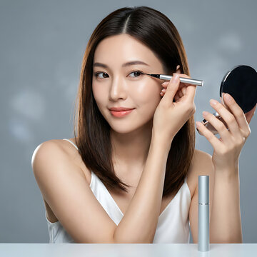 young woman applying makeup with a brush and mirror in a bright setting highlighting beauty and cosmetics