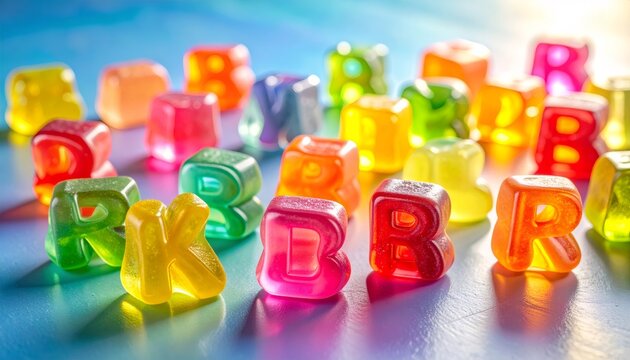 Colorful alphabet gummy candies forming words on a table