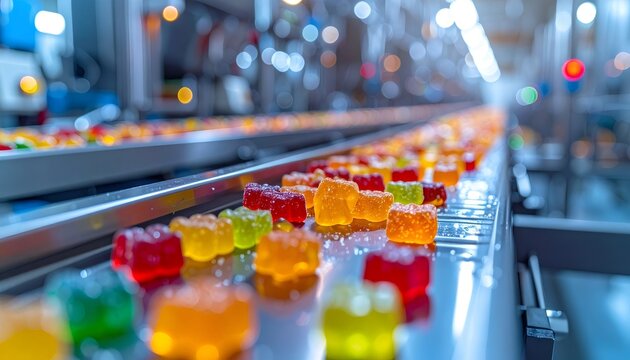 Gummy candies moving on industrial factory conveyor belt