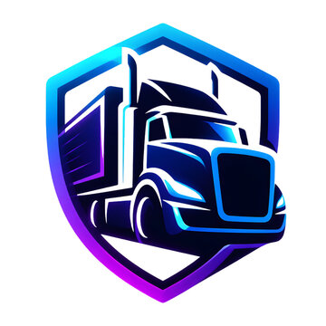 Modern truck silhouette logo design inside a glowing blue and purple shield emblem.