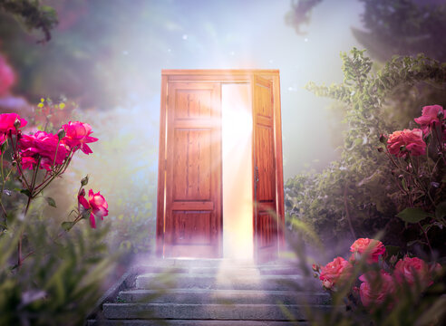 Fantasy enchanted fairy tale forest with opening secret wooden door and stairs leading to mystical divine shine light outside the gate, whimsy fairytale magic rose flower garden in whimsical woods.