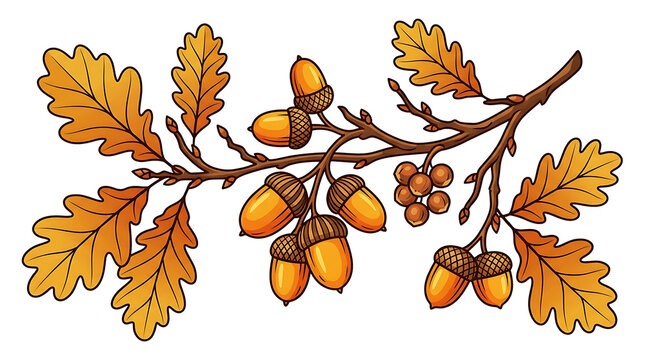 Illustrated oak branch with acorns PNG with green leaves, brown nuts, and detailed bark, isolated on transparent background for design