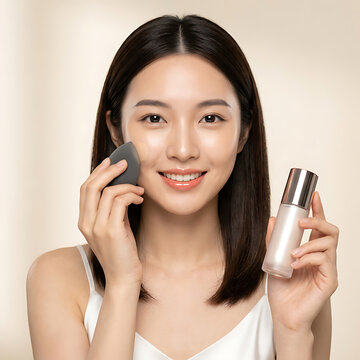 young woman with smooth skin applying setting spray while holding makeup sponge and cosmetic bottle in well-lit room