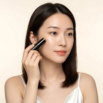 Young woman applying makeup with a compact mirror in a minimalistic setting highlighting skincare and beauty routines