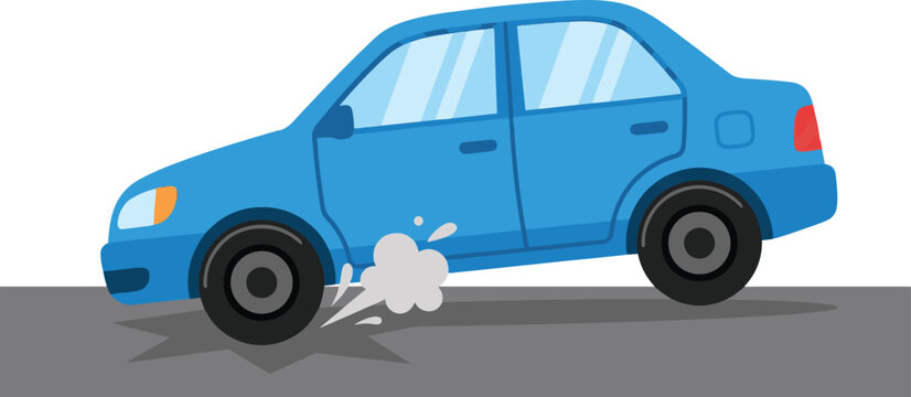Blue cartoon sedan car accelerating with smoke from the tires, isolated on a simple gray road background. Clean flat vector illustration suitable for transportation, driving, speed, 