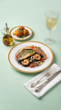 Black pasta dish with fish fillet, shrimp, squid, langoustine, and octopus, accompanied by arancini and a glass of wine, on a set table.