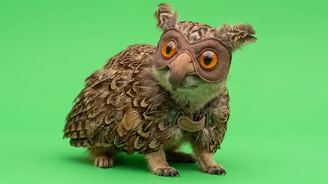 Small mammal wearing realistic owl costume with feathers and leather mask on green background