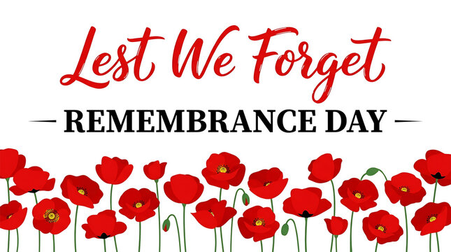 Flat illustrated Remembrance Day banner with red poppies and green leaves, isolated on transparent background for memorial design PNG