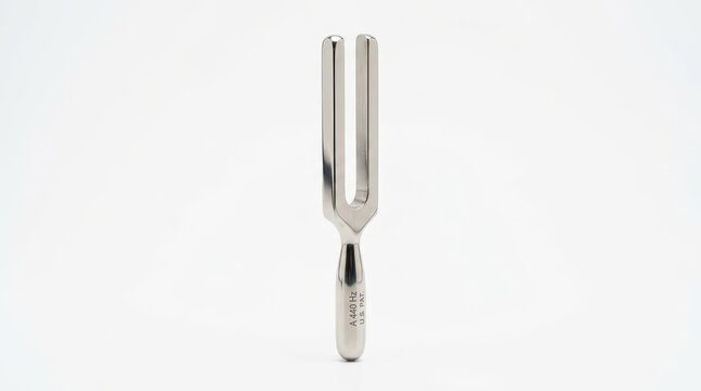 Professional steel tuning fork on white background. Musical pitch fork for acoustic instrument tuning. Metal vibration tool for sound therapy.