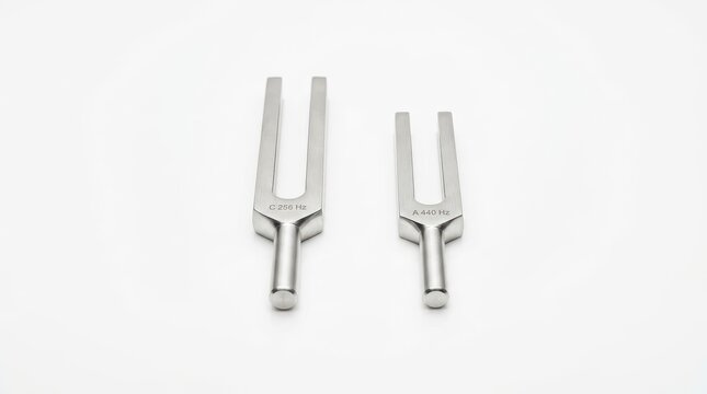 Professional steel tuning forks on white background, musical pitch tools for sound therapy, acoustic vibration instruments for science
