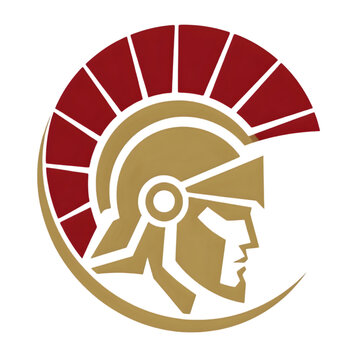 Stylized graphic illustration of a Roman or Spartan soldier helmet icon.